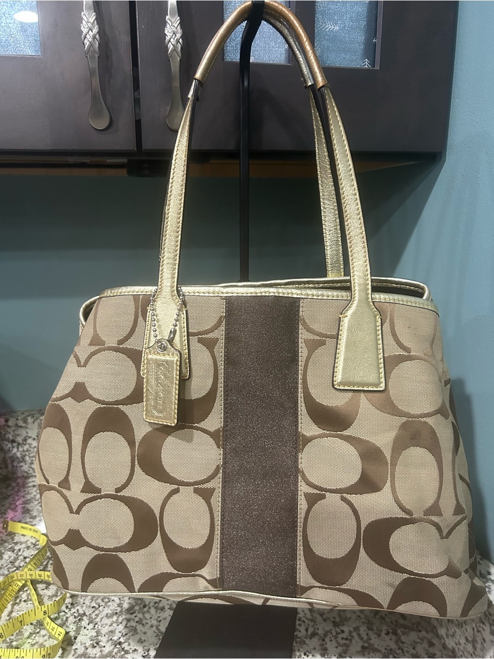 Coach Signature Shoulder Bag in Tan and Gold Trim